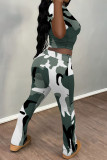 Casual Camouflage Print Contrast O Neck Short Sleeve Two Pieces