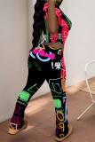 Casual Graffiti Print Contrast O Neck Short Sleeve Two Pieces
