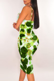 Sexy Flowers Print Contrast V Neck Wrapped Skirt Dresses