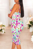 Sexy Flowers Print Contrast V Neck Wrapped Skirt Dresses
