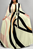 Elegant Striped Print Flowers Pocket With Belt Contrast O Neck Printed Dresses