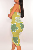 Sexy Flowers Print Contrast V Neck Wrapped Skirt Dresses