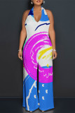 Sexy Colorblock Print Lace Up Backless Contrast Halter Loose Jumpsuits