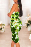 Sexy Flowers Print Contrast V Neck Wrapped Skirt Dresses