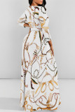 Elegant Striped Print Flowers Pocket With Belt Contrast O Neck Printed Dresses