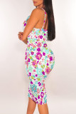 Sexy Flowers Print Contrast V Neck Wrapped Skirt Dresses