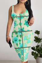 Sexy Plaid Floral Print Contrast U Neck Printed Dresses