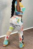 Casual Graffiti Print Contrast O Neck Short Sleeve Two Pieces