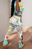 Casual Graffiti Print Contrast O Neck Short Sleeve Two Pieces