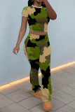 Casual Camouflage Print Contrast O Neck Short Sleeve Two Pieces