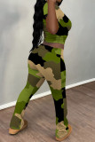 Casual Camouflage Print Contrast O Neck Short Sleeve Two Pieces
