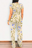 Casual Geometric Print Pocket Contrast O Neck Short Sleeve Two Pieces
