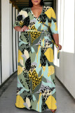 Casual Geometric Print Lace Up Contrast V Neck Printed Plus Size Dresses
