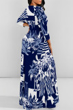 Elegant Striped Print Flowers Pocket With Belt Contrast O Neck Printed Dresses