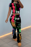 Casual Graffiti Print Contrast O Neck Short Sleeve Two Pieces