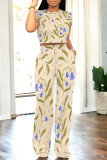 Casual Geometric Print Pocket Contrast O Neck Short Sleeve Two Pieces