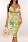 Sexy Flowers Print Contrast V Neck Wrapped Skirt Dresses