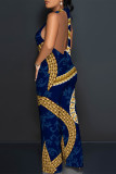 Sexy Colorblock Print Lace Up Backless Contrast Halter Loose Jumpsuits
