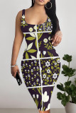 Sexy Plaid Floral Print Contrast U Neck Printed Dresses