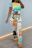 Casual Graffiti Print Contrast O Neck Short Sleeve Two Pieces