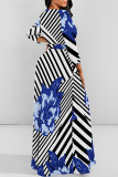 Elegant Striped Print Flowers Pocket With Belt Contrast O Neck Printed Dresses