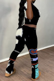 Casual Graffiti Print Contrast O Neck Short Sleeve Two Pieces