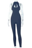 Sexy Solid Color Hollow Out O Neck Skinny Jumpsuits