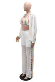 Sexy Patchwork See-Through Turndown Collar Long Sleeve Three Piece Set