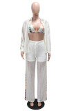 Sexy Patchwork See-Through Turndown Collar Long Sleeve Three Piece Set