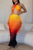 Sexy Casual Gradient Print Backless Halter Sleeveless Two Pieces