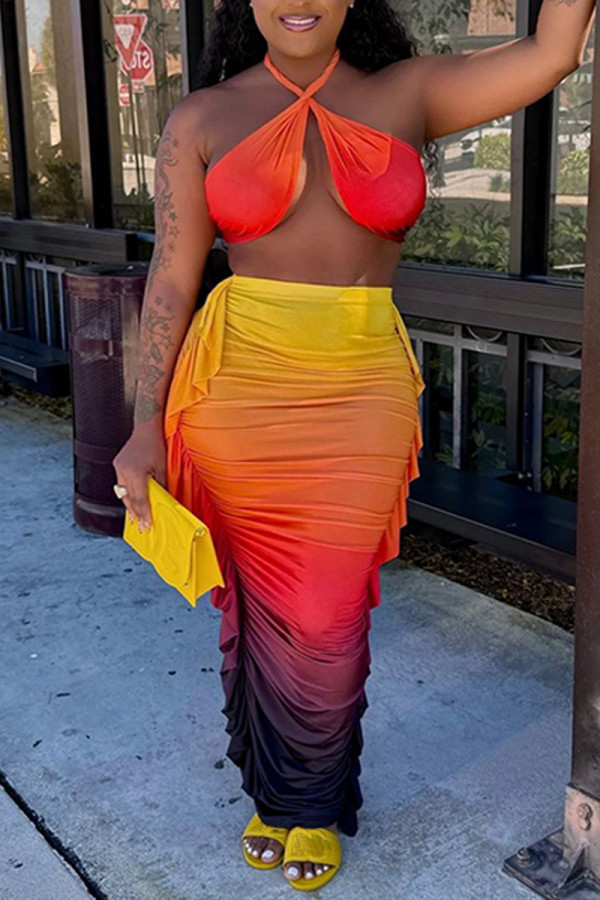 Sexy Casual Gradient Print Backless Halter Sleeveless Two Pieces