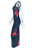 Elegant Print Patchwork Oblique Collar Long Dresses