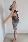 Sexy Hot Irregular Printed Backless Belted Halter Sleeveless Two Pieces