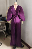 Casual Daily Solid Color Ruched Belted V Neck Three Quarter Two Pieces