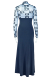 Elegant Print Ruched Turtleneck Long Dresses