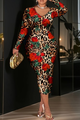 Casual Daily Print Basic V Neck Long Sleeve Plus Size Dresses