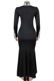 Elegant Solid Color Slit Hot Drill O Neck Long Dresses