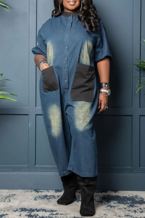 Casual Daily Patchwork Pocket Buttons O Neck Half Sleeve Regular Denim Jumpsuits
