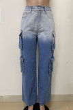 Casual Street Daily Gradient Color Pocket Patchwork Mid Waist Straight Denim Jeans