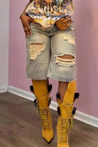 Casual Solid Color Ripped Mid Waist Straight Denim Shorts