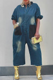 Casual Daily Patchwork Pocket Buttons O Neck Half Sleeve Regular Denim Jumpsuits