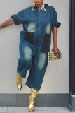 Casual Daily Patchwork Pocket Buttons O Neck Half Sleeve Regular Denim Jumpsuits