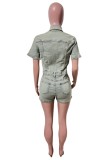 Casual Daily Solid Color Buttons Turndown Collar Short Sleeve Regular Denim Romper