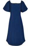 Sexy Solid Color Zipper Square Neck Short Sleeve Boot Cut Denim Dresses