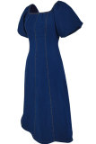 Sexy Solid Color Zipper Square Neck Short Sleeve Boot Cut Denim Dresses