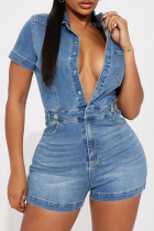 Casual Solid Color Pocket Buckle Turndown Collar Short Sleeve Regular Denim Jumpsuits