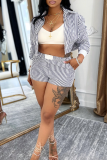 Casual Stripe Buckle Turndown Collar Long Sleeve Two Pieces