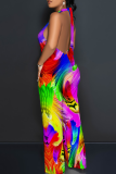 Casual Print Backless Halter Loose Jumpsuits