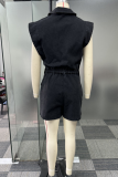Sexy Casual Solid Color Buttons Irregular Turndown Collar Sleeveless Denim Ropmer