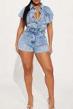 Casual Solid Color Pocket Buckle Turndown Collar Regular Rompers